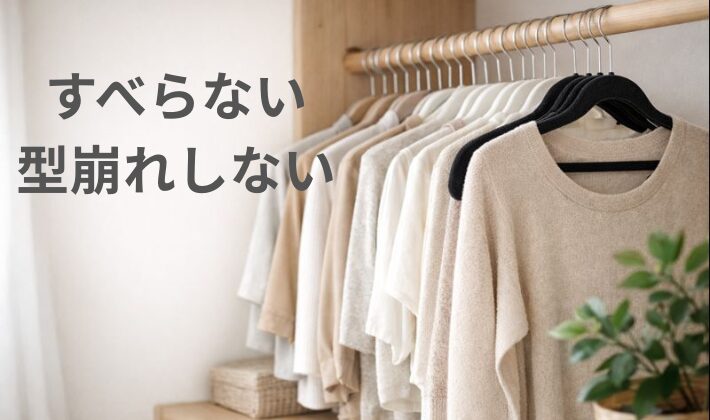 すべらないハンガーで型崩れを防ぐ、明るいクローゼット