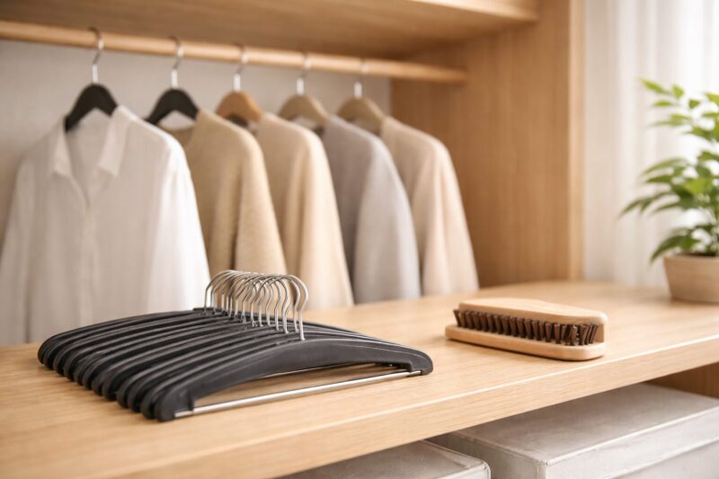 予備ハンガーと洋服ブラシを置いた棚と、間隔広めのバー。