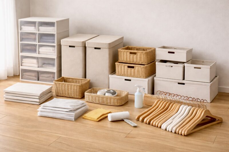 収納ボックスとハンガーが並ぶクローゼットの整理風景