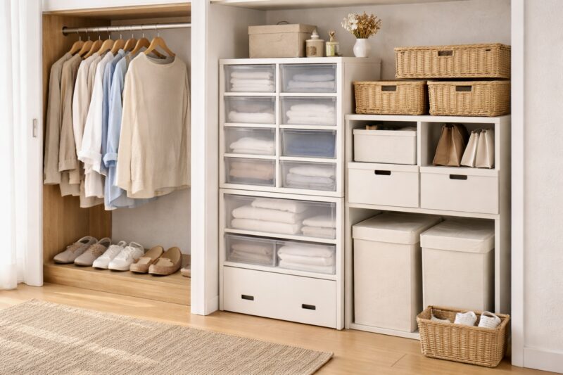 クローゼットの上段・中段・下段を使い分けた収納例。収納ボックスとハンガーが整った服収納の様子