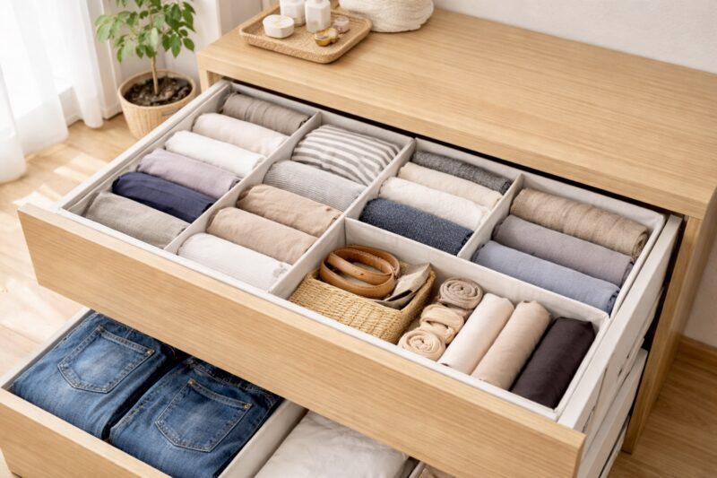 引き出し付き収納ボックスに衣類を立てて整えたクローゼット収納の様子