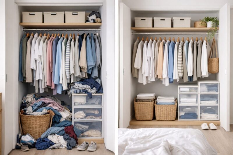 狭いクローゼットと広いクローゼットの収納状態を比較した様子