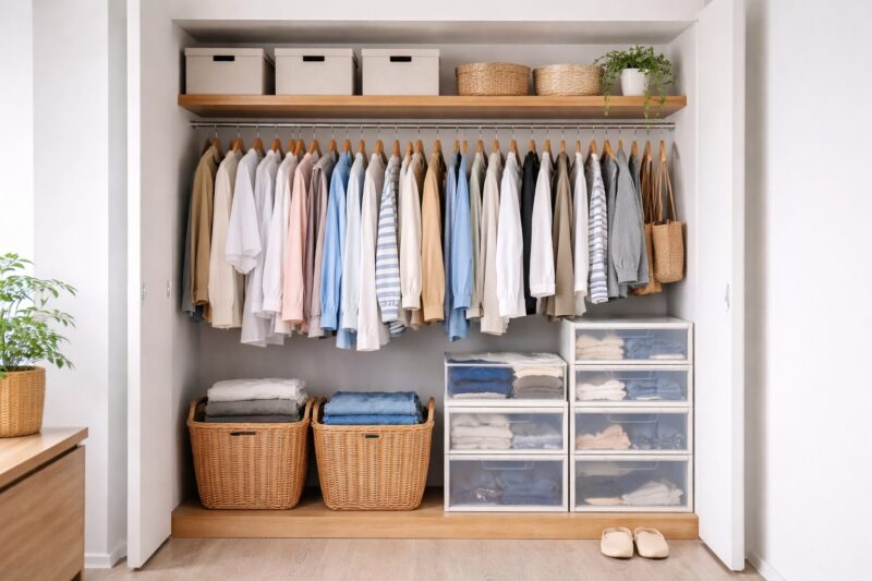 収納方法を工夫してすっきり片付いたクローゼットの様子