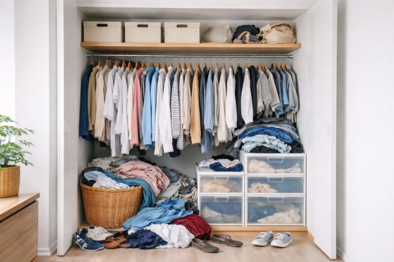 収納ケースや服があふれて使いにくくなっている狭いクローゼットの様子