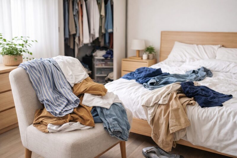 椅子やベッドの上に脱いだ服が置かれたままになっている部屋の様子
