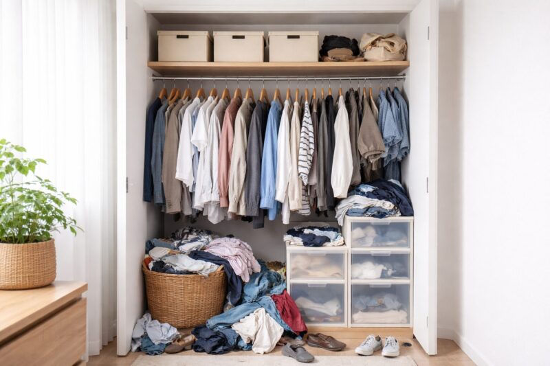 クローゼットに服が詰め込まれ、床や収納ケースの上にも服があふれている状態